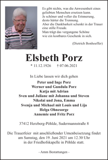 Traueranzeige von Elsbeth Porz von Harz Kurier