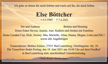 Traueranzeige von Else Böttcher von Harz Kurier