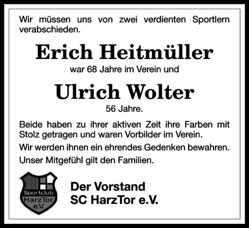  Traueranzeige für Erich Heitmüller Ulrich Wolter vom 16.06.2021 aus Harz Kurier