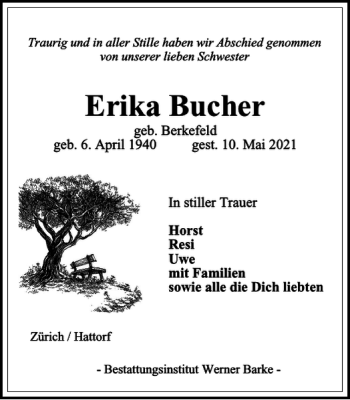 Traueranzeige von Erika Bucher von Harz Kurier