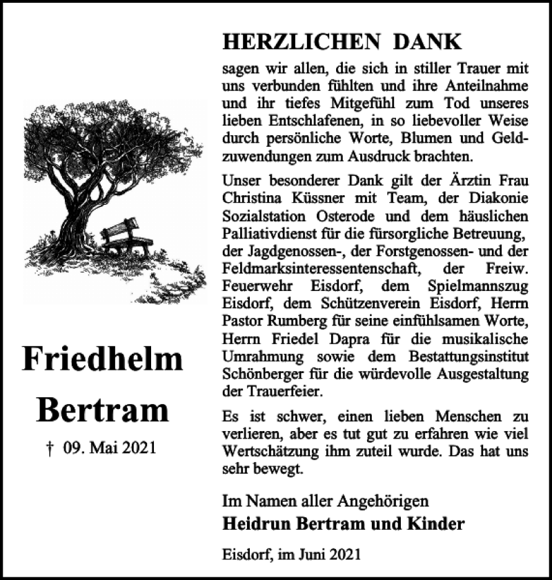  Traueranzeige für Friedhelm Bertram vom 12.06.2021 aus Harz Kurier