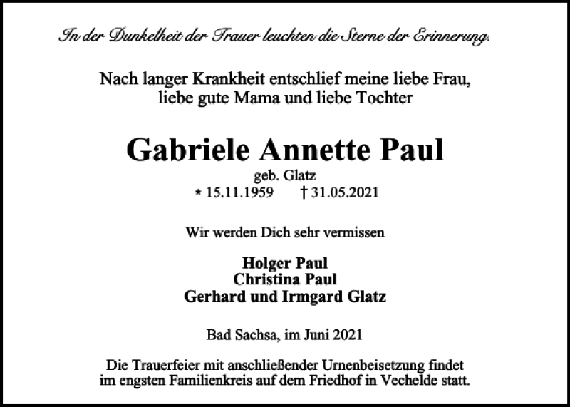  Traueranzeige für Gabriele Annette Paul vom 05.06.2021 aus Harz Kurier