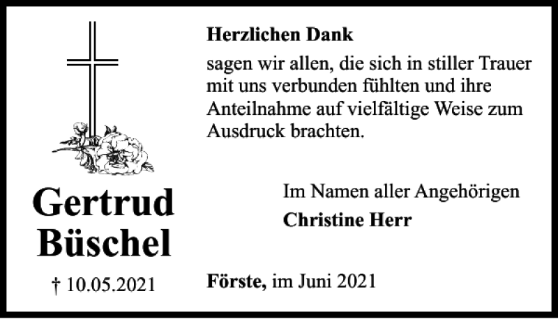  Traueranzeige für Gertrud Büschel vom 11.06.2021 aus Harz Kurier