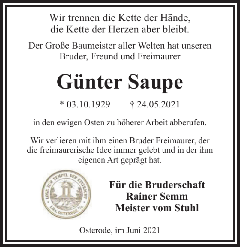  Traueranzeige für Günter Saupe vom 03.06.2021 aus Harz Kurier