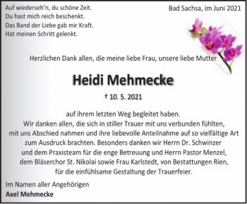 Traueranzeige von Heidi Mehmecke von Harz Kurier