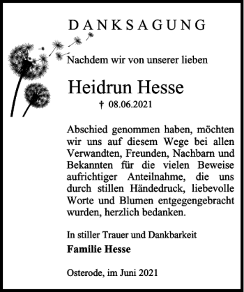Traueranzeige von Heidrun Hesse von Harz Kurier