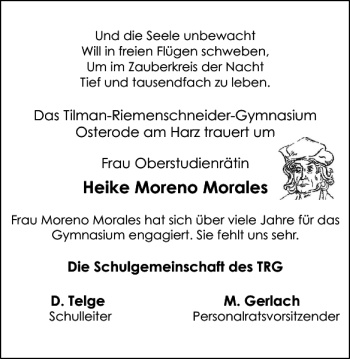 Traueranzeige von Heike Moreno Morales von Harz Kurier