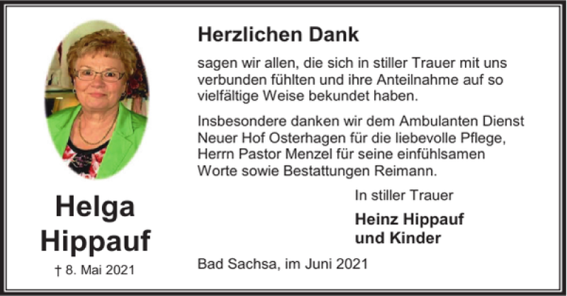  Traueranzeige für Helga Hippauf vom 05.06.2021 aus Harz Kurier