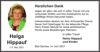 Traueranzeige von Helga Hippauf von Harz Kurier
