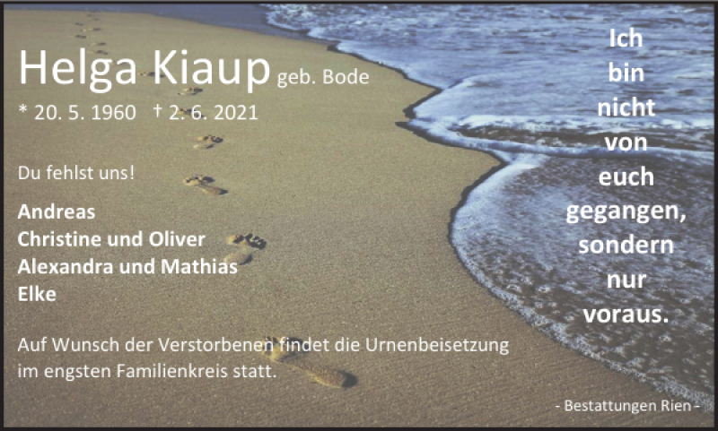  Traueranzeige für Helga Kiaup vom 21.06.2021 aus Harz Kurier