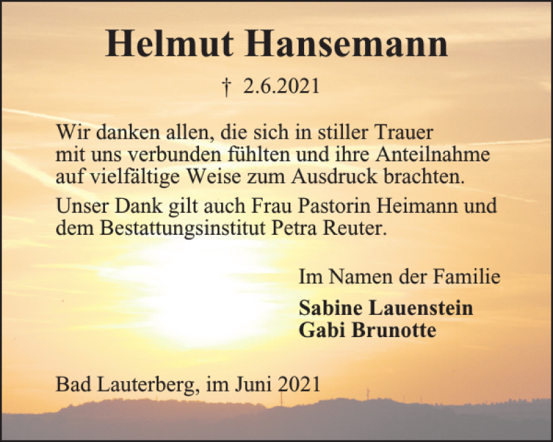  Traueranzeige für Helmut Hansemann vom 26.06.2021 aus Harz Kurier