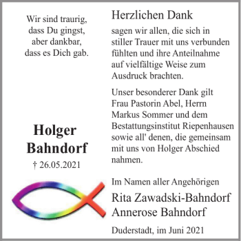 Traueranzeige von Holger Bahndorf von Harz Kurier