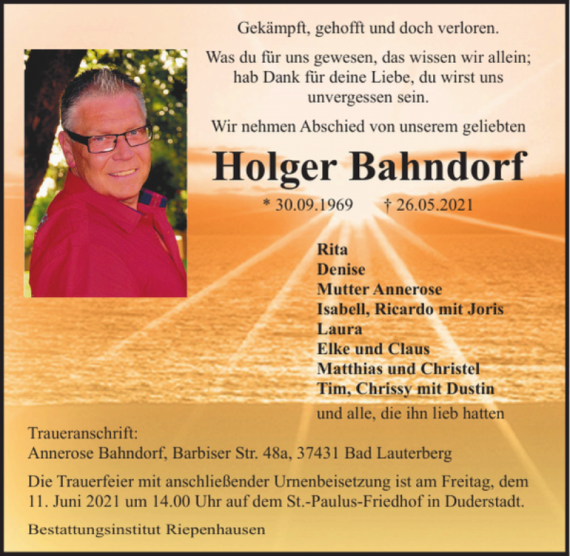  Traueranzeige für Holger Bahndorf vom 04.06.2021 aus Harz Kurier