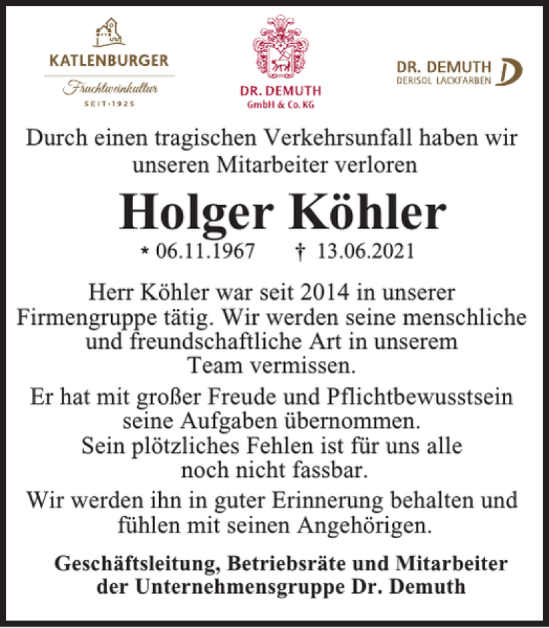  Traueranzeige für Holger Köhler vom 19.06.2021 aus Harz Kurier