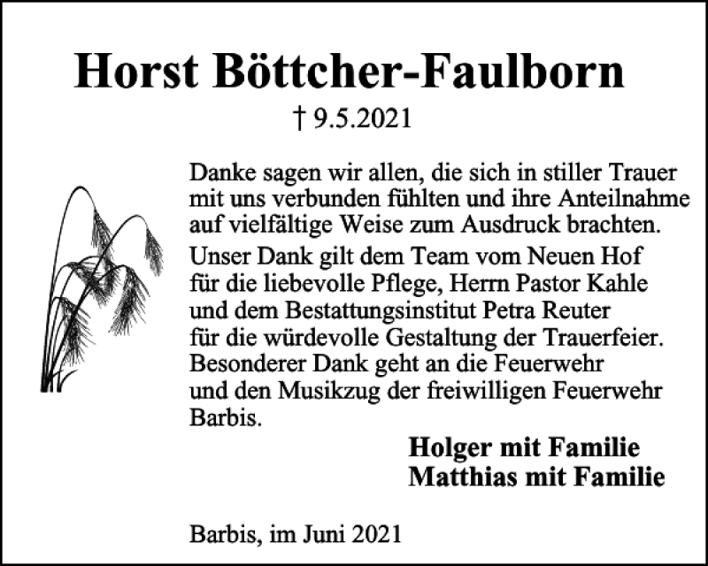  Traueranzeige für Horst Böttcher-Faulborn vom 12.06.2021 aus Harz Kurier