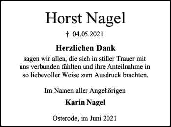 Traueranzeige von Horst Nagel von Harz Kurier