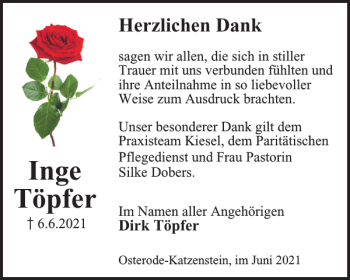 Traueranzeige von Inge Töpfer von Harz Kurier