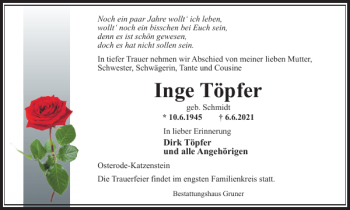 Traueranzeige von Inge Töpfer von Harz Kurier