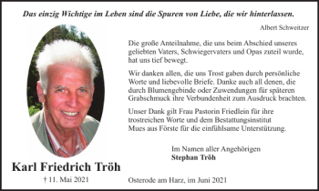 Traueranzeige von Karl Friedrich Tröh von Harz Kurier