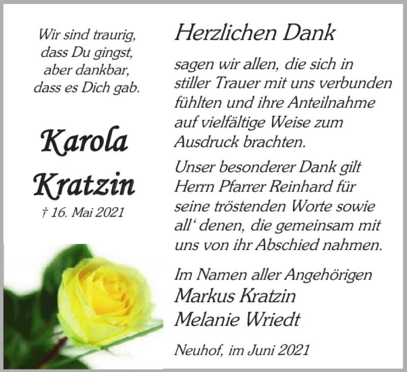  Traueranzeige für Karola Kratzin vom 19.06.2021 aus Harz Kurier