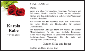 Traueranzeige von Karola Rabe von Harz Kurier