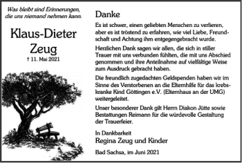 Traueranzeige von Klaus-Dieter Zeug von Harz Kurier
