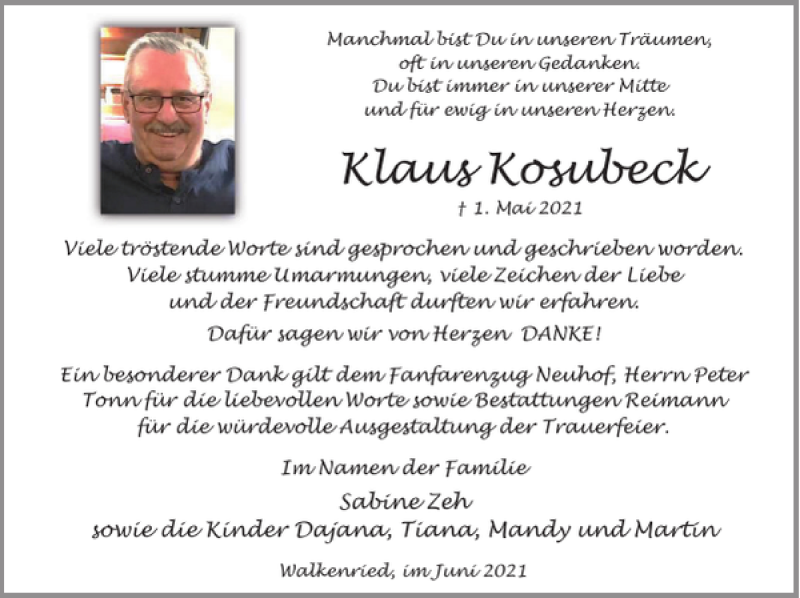  Traueranzeige für Klaus Kosubeck vom 05.06.2021 aus Harz Kurier