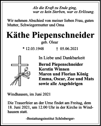 Traueranzeige von Käthe Piepenschneider von Harz Kurier
