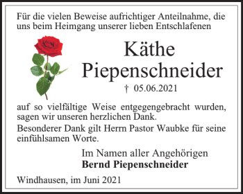 Traueranzeige von Käthe Piepenschneider von Harz Kurier