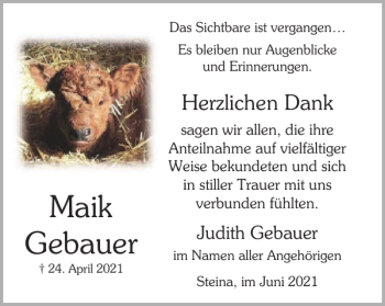 Traueranzeige von Maik Gebauer von Harz Kurier