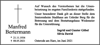 Traueranzeige von Manfred Bertermann von Harz Kurier