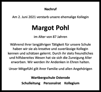 Traueranzeige von Margot Pohl von Harz Kurier