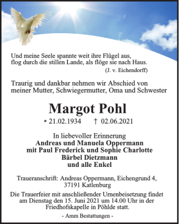 Traueranzeige von Margot Pohl von Harz Kurier