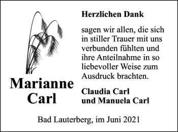Traueranzeige von Marianne Carl von Harz Kurier