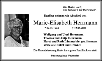 Traueranzeige von Marie-Elisabeth Herrmann von Harz Kurier