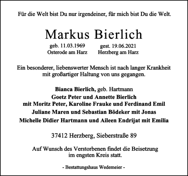  Traueranzeige für Markus Bierlich vom 26.06.2021 aus Harz Kurier
