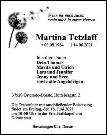 Traueranzeige von Martina Tetzlaff von Harz Kurier