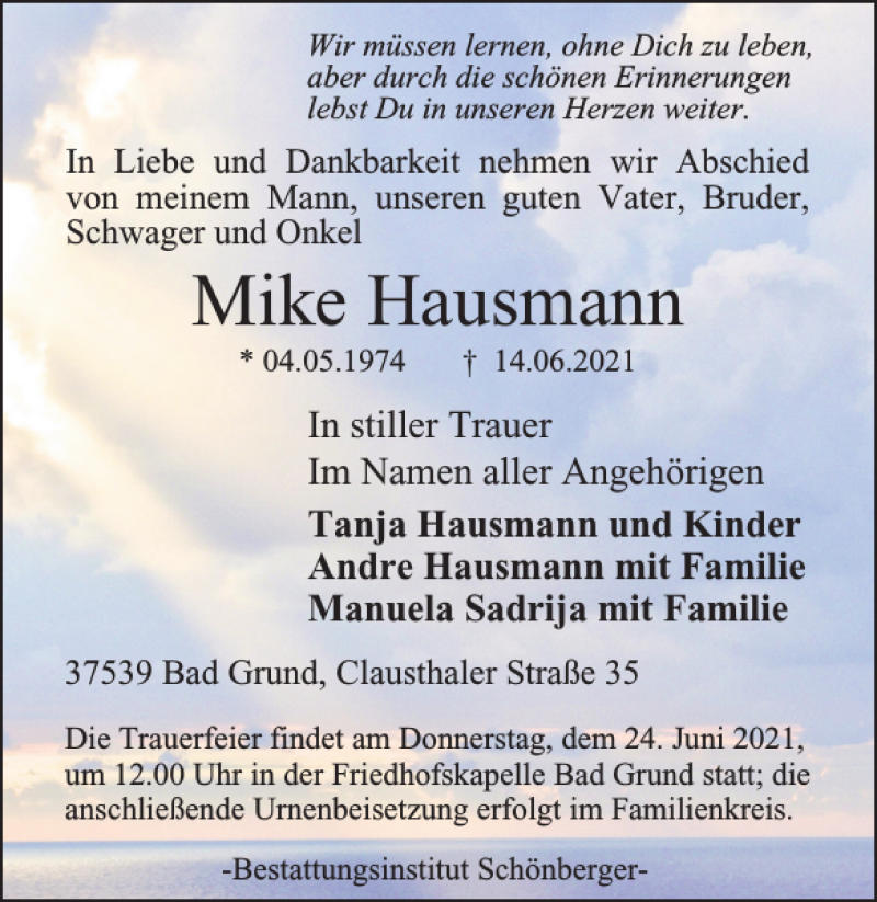  Traueranzeige für Mike Hausmann vom 19.06.2021 aus Harz Kurier