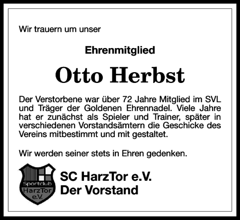  Traueranzeige für Otto Herbst vom 23.06.2021 aus Harz Kurier