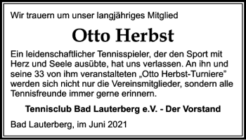 Traueranzeige von Otto Herbst von Harz Kurier