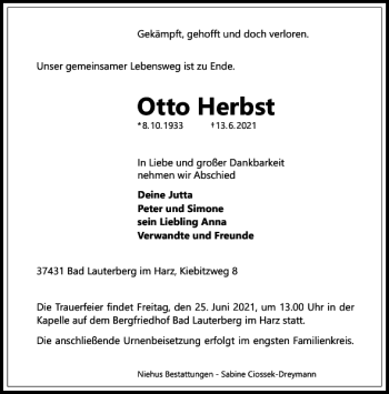Traueranzeige von Otto Herbst von Harz Kurier
