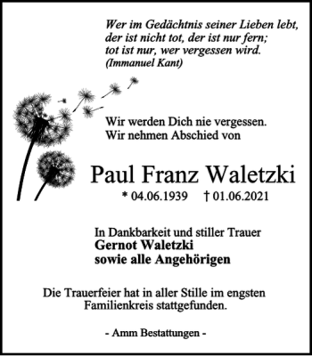 Traueranzeige von Paul Franz Waletzki von Harz Kurier