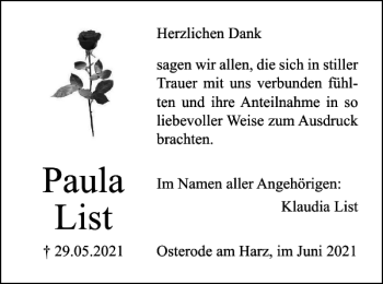 Traueranzeige von Paula List von Harz Kurier