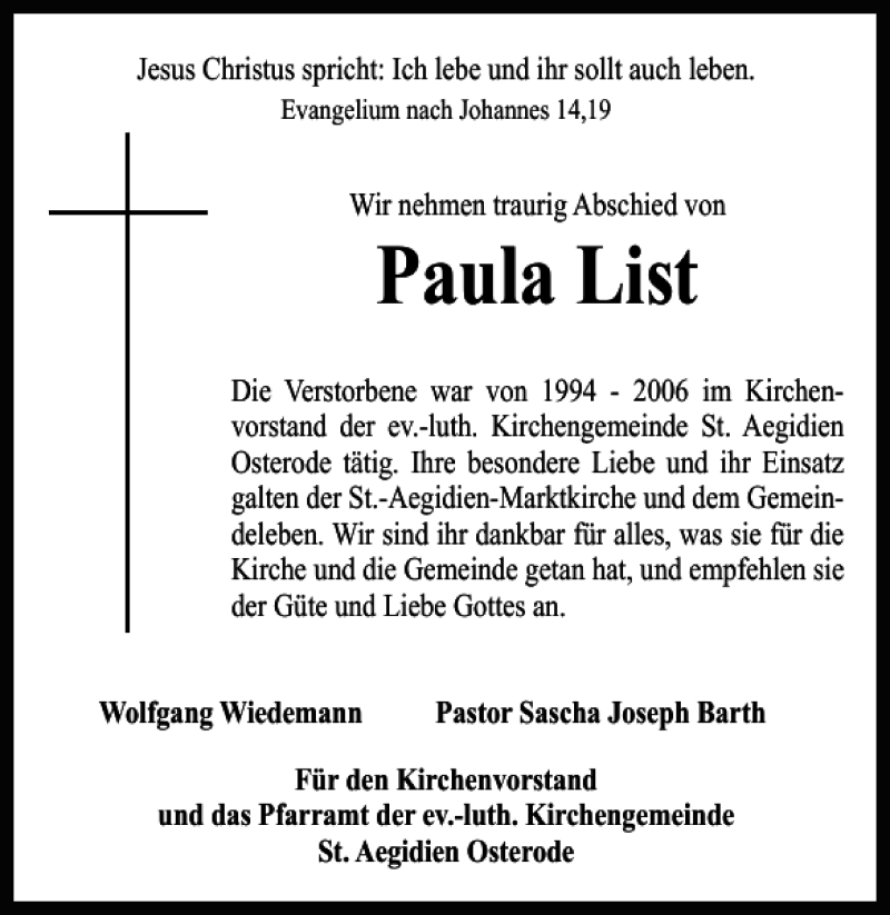  Traueranzeige für Paula List vom 12.06.2021 aus Harz Kurier