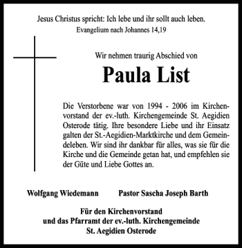 Traueranzeige von Paula List von Harz Kurier