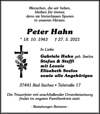Traueranzeige von Peter Hahn von Harz Kurier