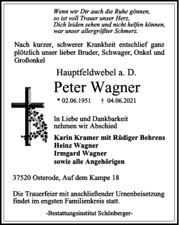 Traueranzeige von Peter Wagner von Harz Kurier