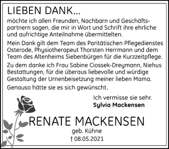 Traueranzeige von RENATE MACKENSEN von Harz Kurier