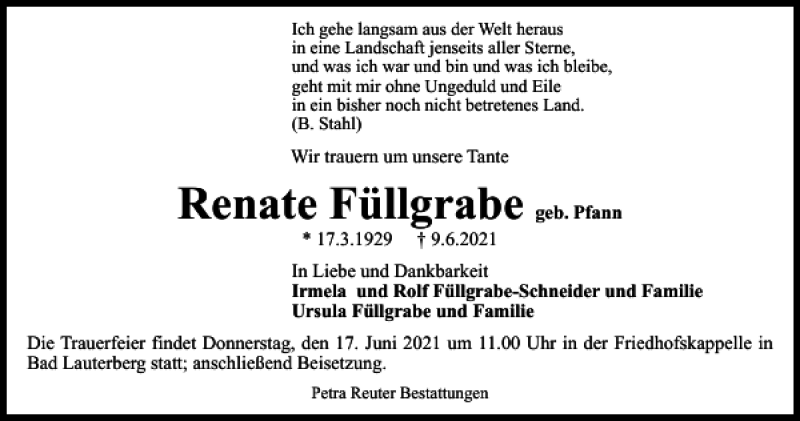  Traueranzeige für Renate Füllgrabe vom 12.06.2021 aus Harz Kurier