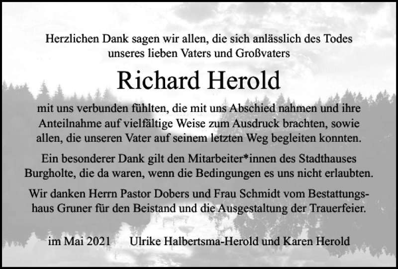  Traueranzeige für Richard Herold vom 02.06.2021 aus Harz Kurier